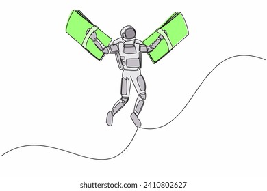 Single one line drawing astronaut fly with banknote wings. Financial freedom before doing spaceship expedition. Future tech development. Cosmic galaxy space. Continuous line design vector illustration