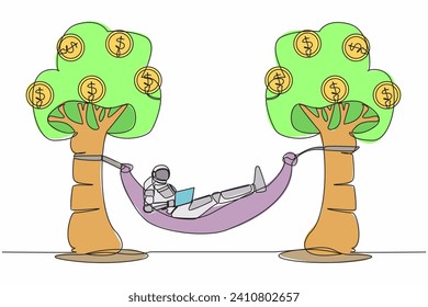 Single one line drawing of astronaut typing with laptop in hammock tied on money tree with dollar coin. Relaxing after space expedition. Cosmic galaxy space. Continuous line design vector illustration