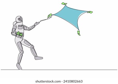 Single one line drawing astronaut throw out of money banknotes flying into the air. Waste in realization of space expedition projects. Cosmic galaxy space. Continuous line design vector illustration