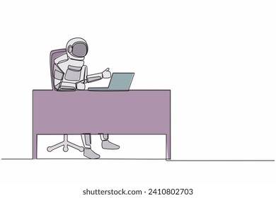 Single one line drawing of astronaut giving thumbs up sign in front of laptop at working desk. Feeling good after galactic exploration. Cosmic galaxy space. Continuous line design vector illustration