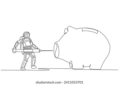 Single one line drawing astronaut holding big syringe and inject into a big piggy bank. Significant capital addition. Sustainability of space expeditions. Continuous line design graphic illustration