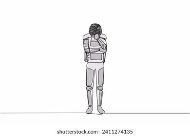 Single one line drawing astronaut with round scribbles instead of head, standing in thoughtful pose holding chin thinking. Cosmic galaxy space. Continuous line draw graphic design vector illustration