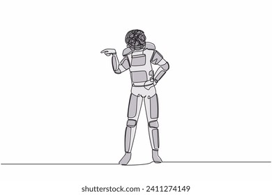 Single one line drawing astronaut with round scribbles instead of head. Angry, arguing, conflicting. Quarrel fight aggressive. Cosmic galaxy space. Continuous line graphic design vector illustration