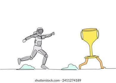 Single one line drawing astronaut trying to catch and running chasing after run away winner trophy. Losing in spaceship galaxy expedition competition. Continuous line draw design vector illustration