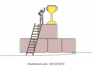 Single one line drawing astronaut climb ladder and standing with fist up gesture on big graphic bar beside huge trophy. Celebrate success space exploration. Continuous line design vector illustration