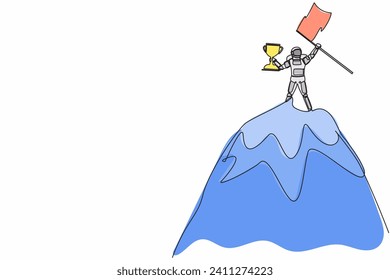 Single one line drawing astronaut lifting up trophy and flag on top of mountain. Win and reach goal in spaceship industry. Cosmic galaxy space. Continuous line draw graphic design vector illustration