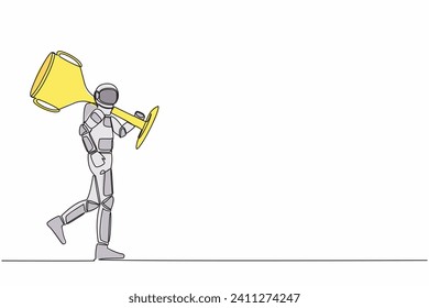 Single one line drawing of astronaut carry big trophy cup for winner as symbol of spaceship competition victory. Space business success. Cosmic galaxy space. Continuous line design vector illustration