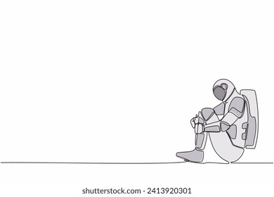 Single one line drawing of astronaut suffer sadness melancholy sitting in despair on the floor. Failed in spaceship exploration. Cosmic galaxy space. Continuous line graphic design vector illustration