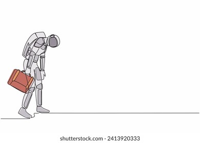 Dibujo de una sola línea de astronauta con cartera de maletín y mirando hacia abajo. Compañía de banda ancha debido a la recesión económica. Espacio de galaxia cósmica. Ilustración vectorial de diseño gráfico de línea continua