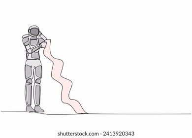 Single one line drawing astronaut standing with long paper, think about paying bills spaceship development during crisis. Cosmic galaxy space. Continuous line draw graphic design vector illustration