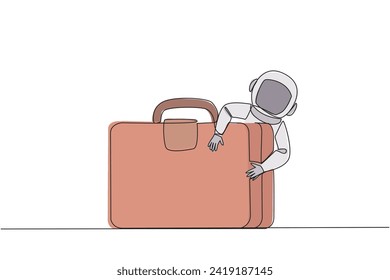 Single one line drawing astronaut hugging briefcase. Preparations on earth to conduct research in outer space. Cosmic galaxy space. Cosmonaut deep space. Continuous line design graphic illustration