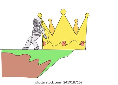 Single one line drawing astronaut pushed giant crown down with his back from the edge of the cliff. Achievement of a successful expedition without a crown. Continuous line design graphic illustration