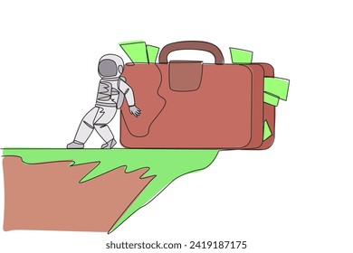 Single one line drawing astronaut pushed giant briefcase down with his back from the edge of a cliff. Tough man in outer space. Cosmic galaxy space concept. Continuous line design graphic illustration