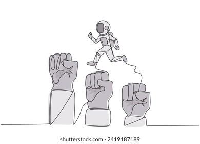 Single one line drawing astronaut running leaping over three large clenched fists. Teamwork managed to get through the bigger challenges. Cosmonaut. Cosmic. Continuous line design graphic illustration