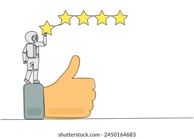 Single one line drawing astronaut standing on the thumbs up wants to attach the stars to form 5 star in a row. Give review or good feedback. Cosmonaut deep space. Continuous line graphic illustration