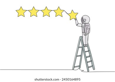 Single one line drawing astronaut climbs a ladder carry 1 star, making it 5 stars in a row. Give very good recommendation to the seller. Cosmic deep space. Continuous line design graphic illustration