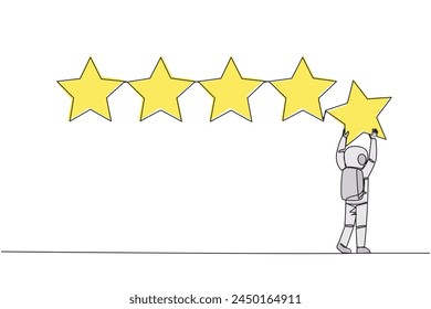 Single one line drawing astronaut holding up a star with both hands and pasting it up to make 5 stars in a row. Give the best review. Online shop. Cosmic. Continuous line design graphic illustration