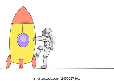 Single one line drawing astronaut and rocket. Get ready to ride rocket that will launch. Metaphors bring business success. Cosmonaut deep space. Spaceship. Continuous line design graphic illustration