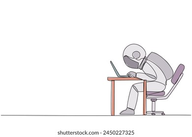 Single one line drawing astronaut sitting and typing on laptop computer. Work hard to achieve maximum expected results. Overtime and work smart. Spaceman. Continuous line design graphic illustration