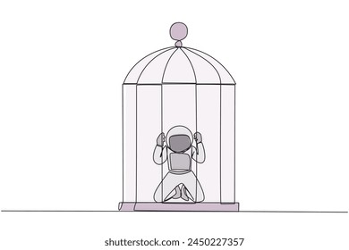 Single one line drawing astronaut trapped in the cage kneeling holding iron bars. Framed by business partner. Have to bear all the consequences. Unfair. Continuous line design graphic illustration