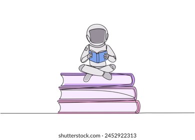 Single one line drawing astronaut sitting cross-legged on pile of large books. Read comic. Read textbook. Read scientific journal. Read increase insight. Continuous line design graphic illustration
