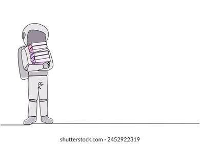 Single one line drawing astronaut standing hug some books. Favorite book that finish reading. Some books will be donated to national library. Charity. Knowledge. Continuous line graphic illustration