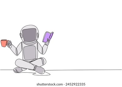 Single one line drawing astronaut sitting cross-legged reading the book. Accompanied by mug of coffee to make reading more interesting. Knowledge. Calmness. Continuous line design graphic illustration