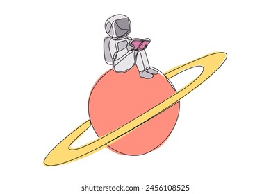 Single one line drawing astronaut sitting on the planet Saturn. Read about the natural conditions of outer space planets. Adaptation. Book festival concept. Continuous line design graphic illustration