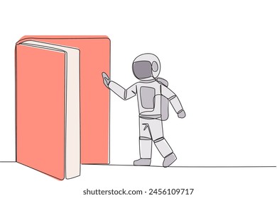 Single one line drawing astronaut open the book-shaped door. Book can open mind and see everywhere. Increase knowledge about the wider world. Book festival. Continuous line design graphic illustration
