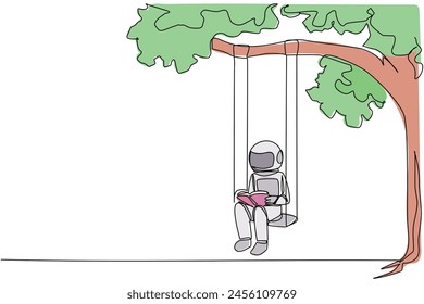 Single one line drawing astronaut sitting on a swing attached to a tree shady reading a book. Really enjoyed the storyline of the fiction book. Makes relax. Continuous line design graphic illustration