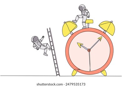 Single one line drawing astronaut kicks opponent who climbs the alarm clock with ladder. Arrogance. No need for colleagues to complete many deadlines. Continuous line design graphic illustration