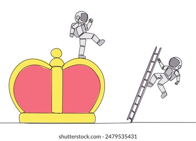 Single one line drawing astronaut kicks opponent who is climbing the crown with a ladder. Making rivals fall from the business glory. Unhealthy competition. Continuous line design graphic illustration