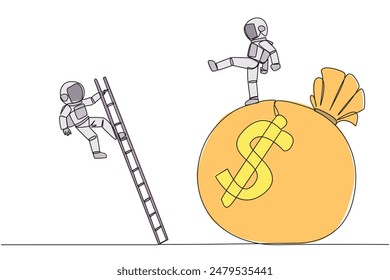 Single one line drawing astronaut kicks opponent who is climbing the money bag with a ladder. Cheated by a business partner. Unprofitable business. Rival. Continuous line design graphic illustration