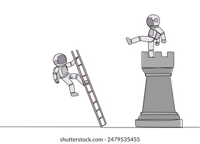 Single one line drawing astronaut kicks opponent who climbing the chess rook with ladder. Wrong move. Wrong strategy. Plan leaked by colleague. Traitor. Continuous line design graphic illustration