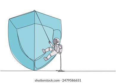 Single one line drawing astronaut climbs shield with rope. Working to help clients secure servers from virus attacks. Check each layer. IT entrepreneur. Continuous line design graphic illustration