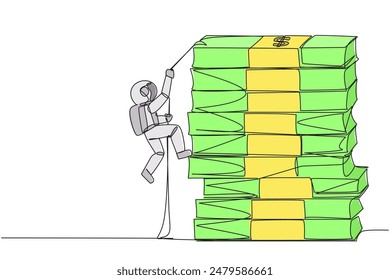 Single one line drawing astronaut climbs stack of banknotes with rope. The hard worker to raise capital to create a new business. For better future life. Continuous line design graphic illustration