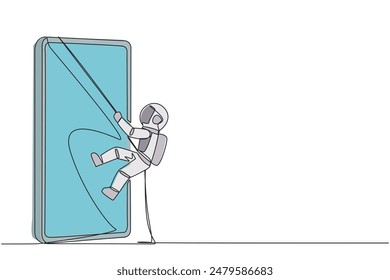 Single one line drawing astronaut climbing smartphone with rope. Improve business relationships. Massively contact old friends. Connected to each other. Continuous line design graphic illustration