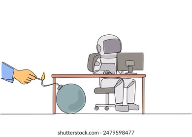 Una sola línea dibujando astronauta escribiendo en un escritorio de la computadora. Atrapado por un socio de negocios. Una bomba que podría explotar en cualquier momento. Traicionado por un colega. Ilustración gráfica de diseño de línea continua