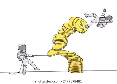 Un solo astronauta que dibuja una sola línea saca una de las pilas de monedas que hicieron caer a la persona de arriba. Fraude empresarial. Malversación de dinero de la oficina. Traidor. Ilustración gráfica de diseño de línea continua