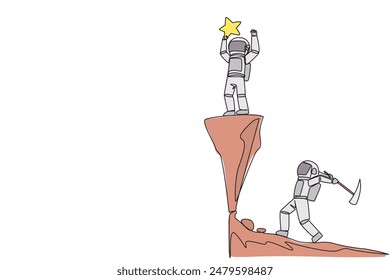 Single one line drawing astronaut standing on a cliff lifting a star. An envious friend, eating away at success from the inside to fall down. The traitor. Continuous line design graphic illustration