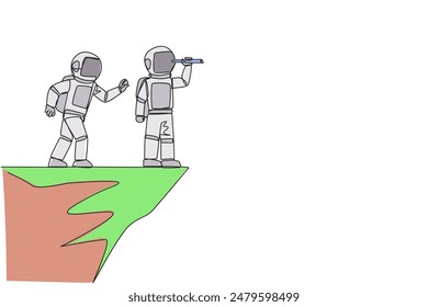 Single one line drawing the astronaut monitoring something at the edge of cliff using binocular. Monitoring business. Taken down by traitor from behind. Continuous line design graphic illustration