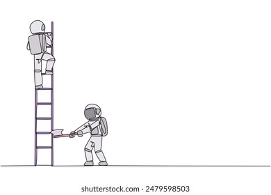Un solo astronauta que dibuja una línea sube la escalera para lograr la recompensa esperada. Destruida silenciosamente. El negocio no se desarrolló. Destruidos por traidores. Ilustración gráfica de diseño de línea continua