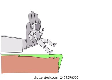 Single one line drawing astronaut standing on the edge of a cliff. Something big wants to bring down the business. Invisible enemy. Bring down competitor. Continuous line design graphic illustration