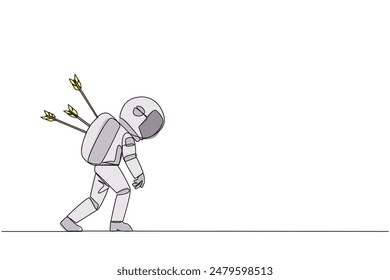 Single one line drawing the astronaut standing and several arrows stuck in the back. Attacked from behind. Destroyed and helpless. Fake partner. Traitor. Continuous line design graphic illustration