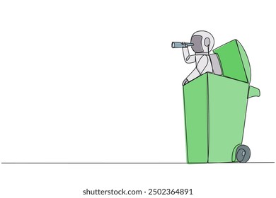 Single one line drawing astronaut emerges from wheeled bin looking for something with binoculars. Modernization of tools, making it easier for users to use. Continuous line design graphic illustration