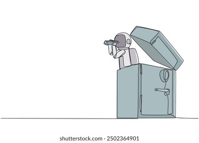 Single one line drawing astronaut emerges from safe deposit box look for something with binocular. Looks for safest place to store expedition report documents. Continuous line graphic illustration