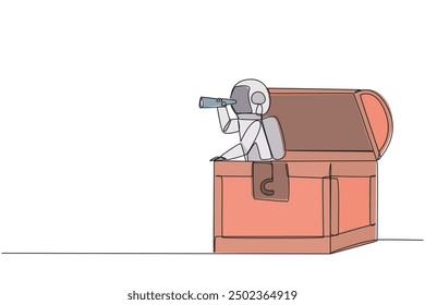 Single one line drawing astronaut emerges from the treasure chest looking for something with binocular. Get lots of valuable materials to observe on earth. Continuous line design graphic illustration