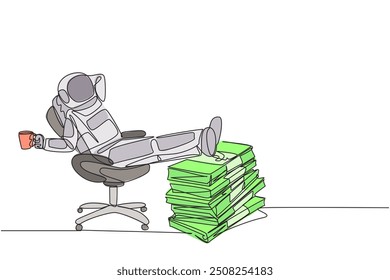 Single one line drawing astronaut sitting relaxed in work chair holding mug. Funds collected. Sit back and relax before going on an expedition to the moon. Continuous line design graphic illustration