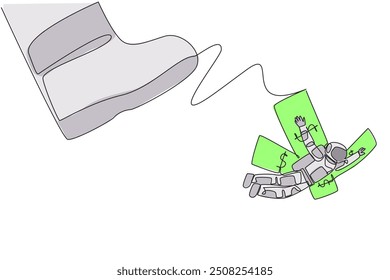 Single one line drawing astronaut flying using banknote wings. Test flight to carry out a landing mission on the lunar surface. Cosmic galaxy outer space. Continuous line design graphic illustration