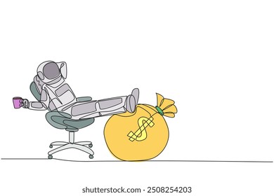 Single one line drawing astronaut sitting in a work chair holding a mug. Foot resting on money bag. Expedition to the moon with a lot of money. Cosmonaut. Continuous line design graphic illustration